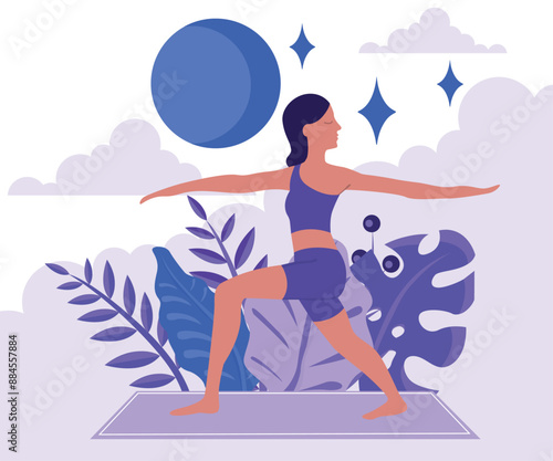 Yoga class outdoors. Woman against the background of the moon and leaves. Warrior position 2, virabhadrasana. Website design, articles, studios. Minimalistic vector illustration.