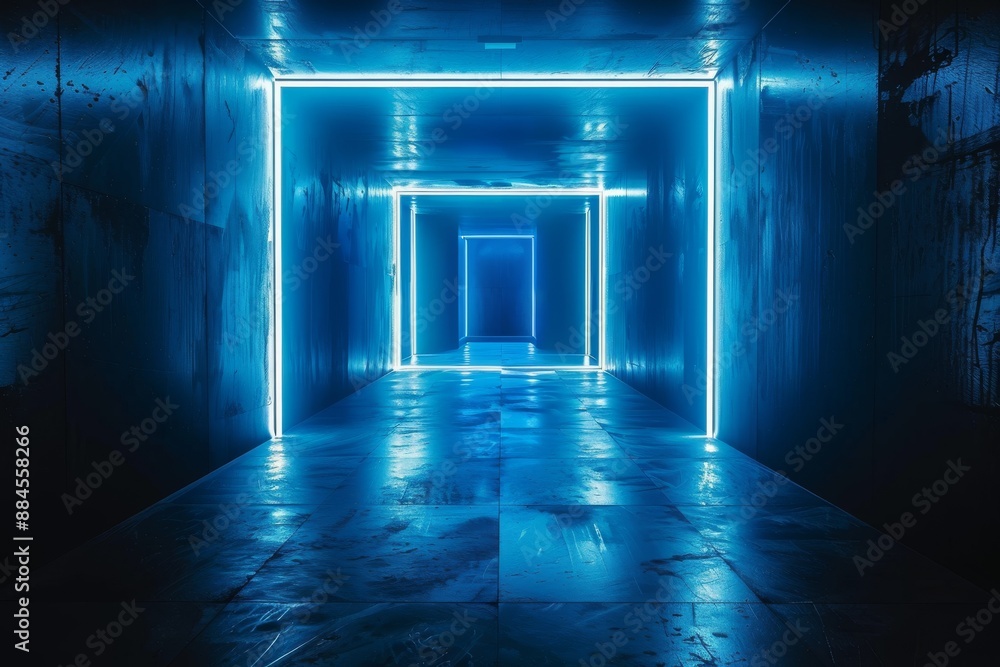Futuristic empty hallway with blue neon lights and reflective surfaces Futuristic empty hallway with blue neon lights and reflective surfaces