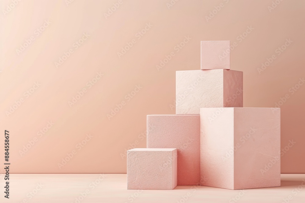 Beige background with soft pink geometric shapes and textured cubes creating a minimalist aesthetic Beige background with soft pink geometric shapes and textured cubes creating a minimalist aesthetic