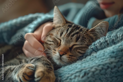 A tabby cat sleeps peacefully in the arms of a person.  The cat's eyes are closed and its face is relaxed. The person's hand gently strokes the cat's head.