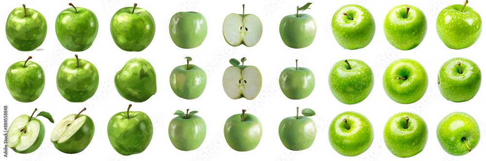 Green apple collection with various shades and states of slicing isolated on a white background, png Green apple collection with various shades and states of slicing isolated on a white background, png