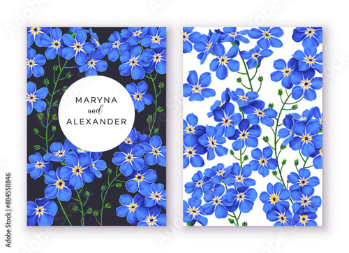 Spring, trendy, greeting or invitation card, template design with forget-me-not flowers in realistic style with high detail. Hand drawn, vector poster, card, cover, party, or social media template