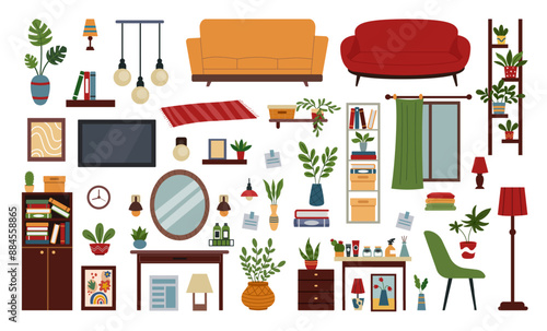 Office interior. Desk cabinet, home room, workspace isolated elements. Workplace company. Indoor empty, nobody space. Business, window, table and computer. Sofa, chair and bookshelf. Vector tidy flat