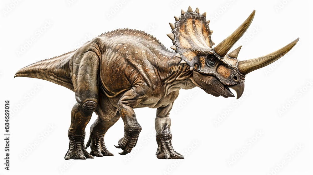 Fototapeta premium Realistic depiction of a brown Triceratops with black details on its body and a prominent frill, standing and showing its strong and prehistoric nature.