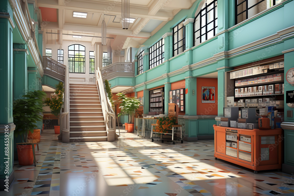 A brightly lit school hallway with large windows, and polished floors reflecting the sunlight. A brightly lit school hallway with large windows, and polished floors reflecting the sunlight.