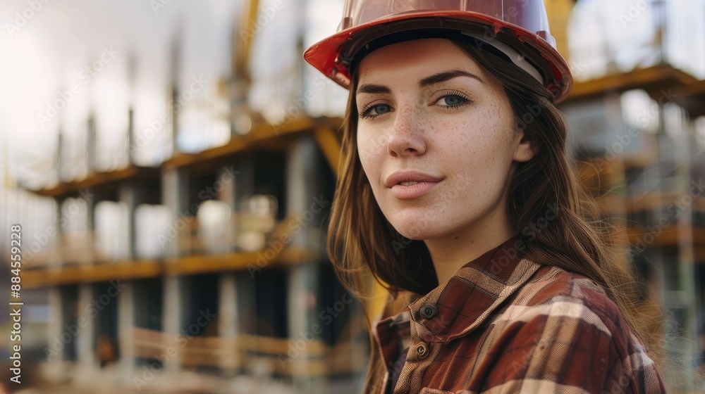 Portrait of a female construction worker on the background of a construction site Portrait of a female construction worker on the background of a construction site