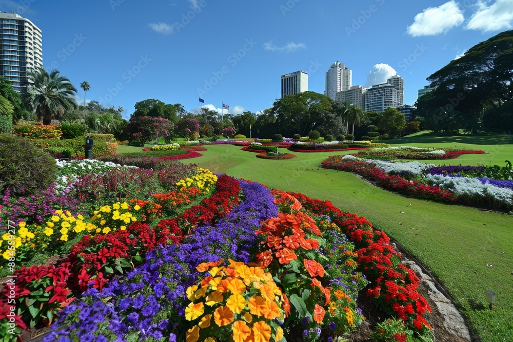 Obraz premium Vibrant flower garden with colorful blooms and urban skyline bright and lively garden scene cheerful city park lush greenery