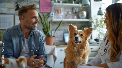 A veterinarian discussing a dental treatment plan with a pet owner photo
