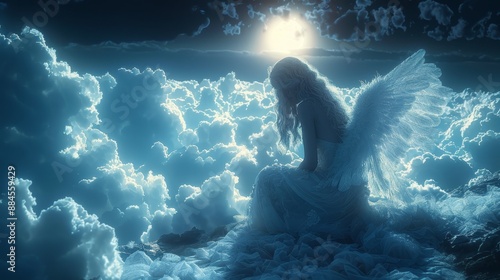 illustration of a angel sitting praying under full moon light photo