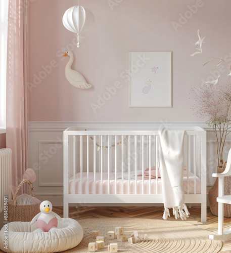 Fototapeta Naklejka Na Ścianę i Meble -  Pink and White Baby Nursery Decor.