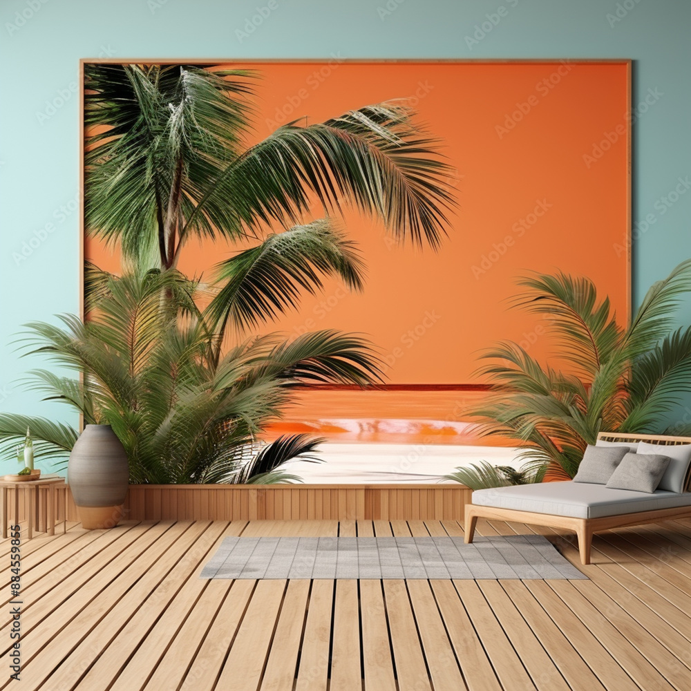 Photo orange wooden wall placed on sandy shore with lush green exotic palm trees in tropical resort Photo orange wooden wall placed on sandy shore with lush green exotic palm trees in tropical resort