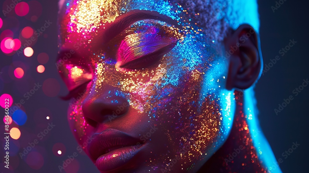 A woman posing with glowing golden skin. Her face is illuminated by bright neon lights. She has white hair and trendy makeup. The makeup is artistic, glittery, golden, and metallic. A woman posing with glowing golden skin. Her face is illuminated by bright neon lights. She has white hair and trendy makeup. The makeup is artistic, glittery, golden, and metallic.