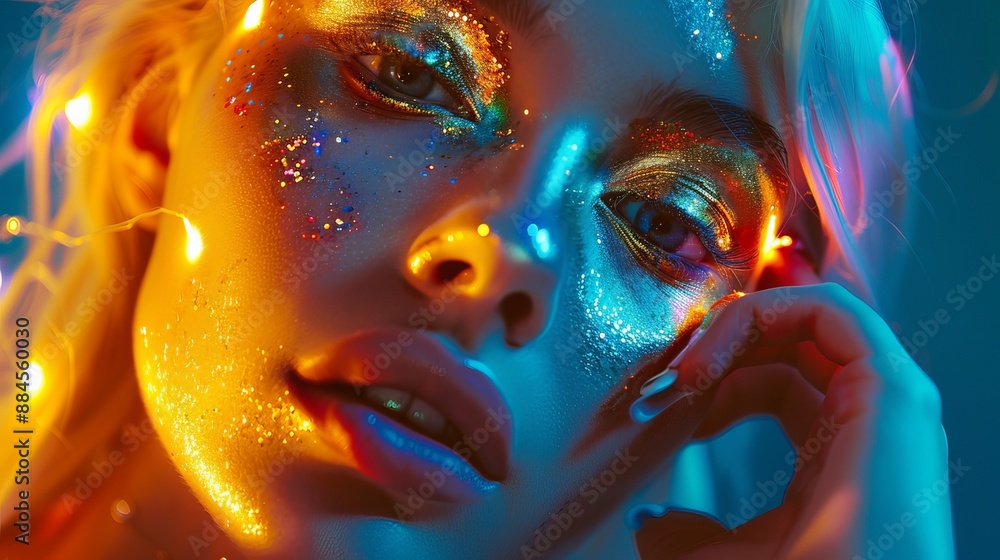 A woman posing with glowing golden skin. Her face is illuminated by bright neon lights. She has white hair and trendy makeup. The makeup is artistic, glittery, golden, and metallic. A woman posing with glowing golden skin. Her face is illuminated by bright neon lights. She has white hair and trendy makeup. The makeup is artistic, glittery, golden, and metallic.