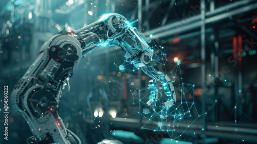 Futuristic robot arm on digital background, smart machine control process, mechanical hand with AI technology. Concept of abstract assembly line, art, industry, tech