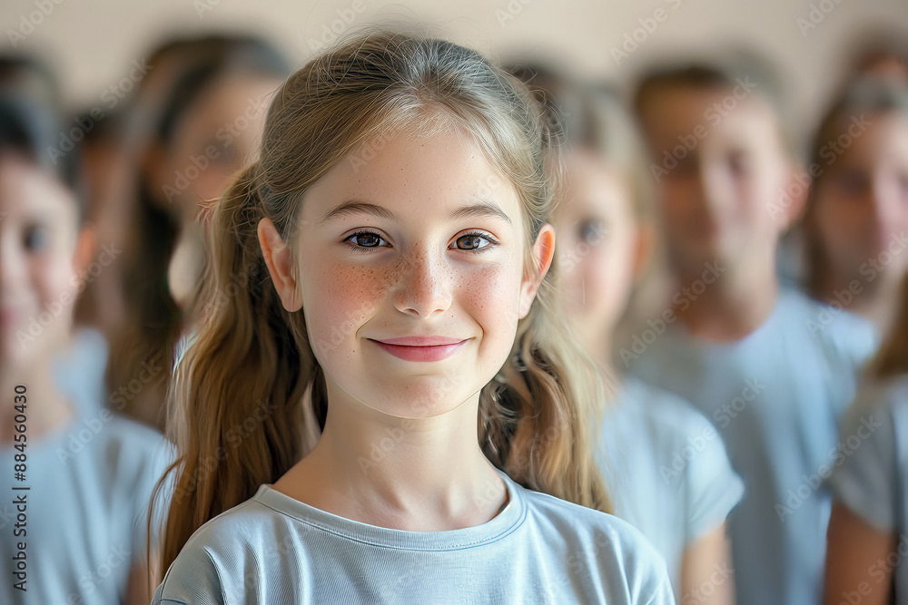 A schoolgirl, standing and smiling in front of a group of classmates. A schoolgirl, standing and smiling in front of a group of classmates.