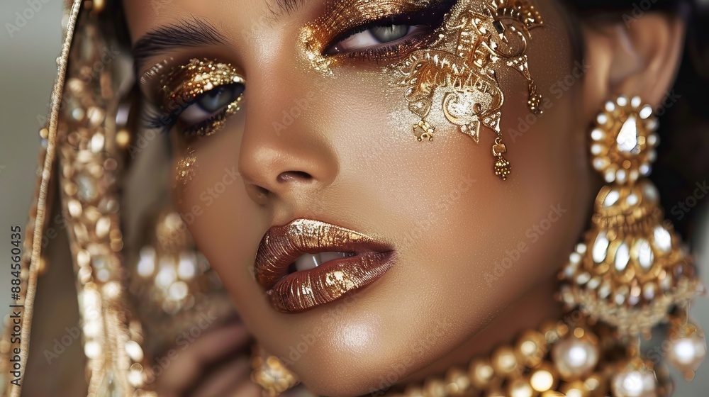 A stunning makeup look featuring golden hues and shimmering accents. The bold lip color adds a hint of sensuality, while the intricate jewelry adds a touch of elegance. A stunning makeup look featuring golden hues and shimmering accents. The bold lip color adds a hint of sensuality, while the intricate jewelry adds a touch of elegance.