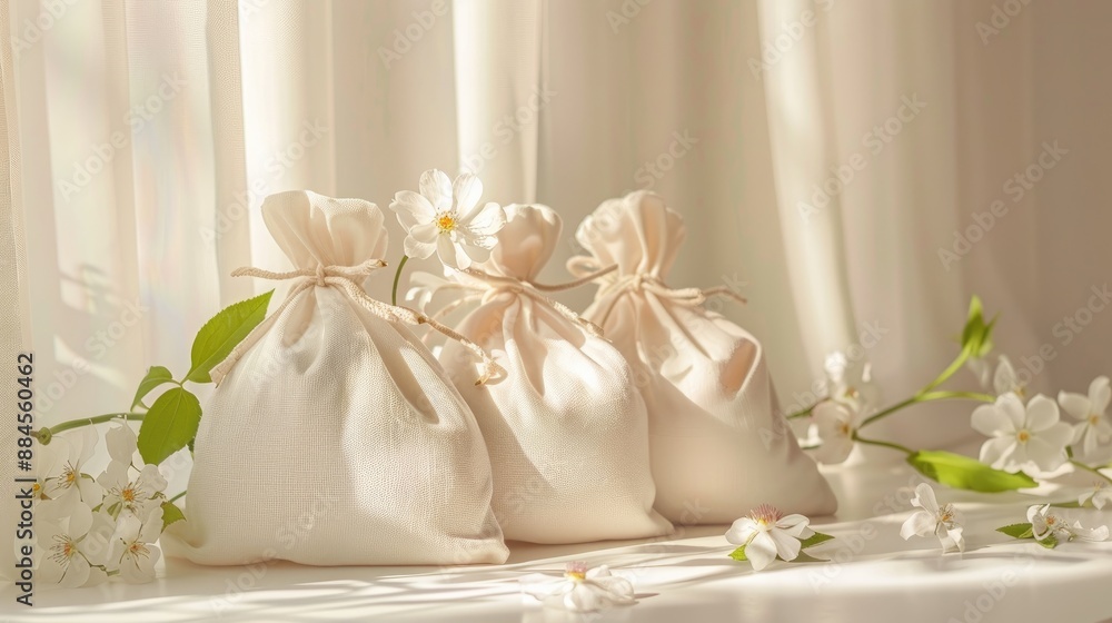 Spa treated bags with flowers on table against light backdrop Spa treated bags with flowers on table against light backdrop