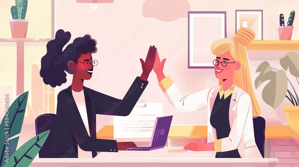 Two animated professionals high-five across a desk with a laptop in a modern office. The scene conveys a sense of achievement, teamwork, and positivity. Two animated professionals high-five across a desk with a laptop in a modern office. The scene conveys a sense of achievement, teamwork, and positivity.