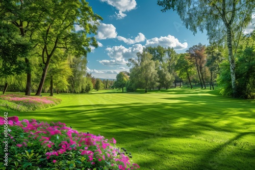 Fototapeta Naklejka Na Ścianę i Meble -  Expansive park with lush green lawn and flower beds sunny day peaceful and scenic outdoor space