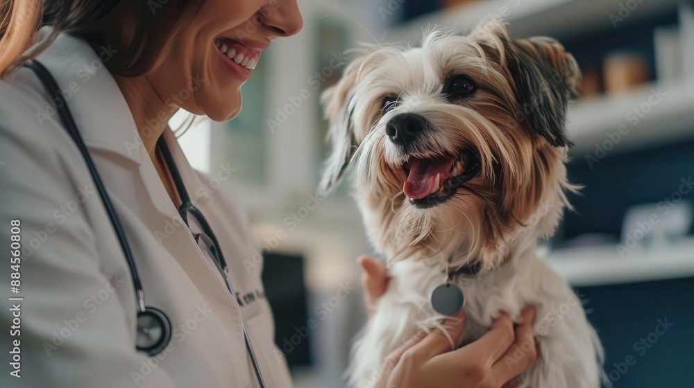 A veterinarian smiles warmly at a small dog during a checkup. A veterinarian smiles warmly at a small dog during a checkup.