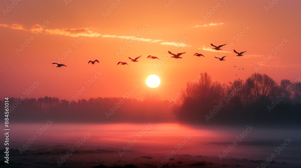 Obraz premium Silhouetted birds flying across a hazy sunrise sky