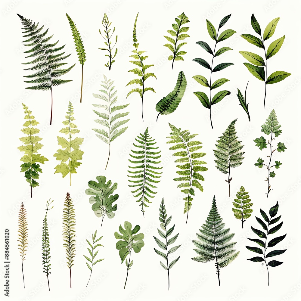 Collection of diverse green leaves and ferns in various shapes and sizes, isolated on a white background, perfect for botanical designs. Collection of diverse green leaves and ferns in various shapes and sizes, isolated on a white background, perfect for botanical designs.