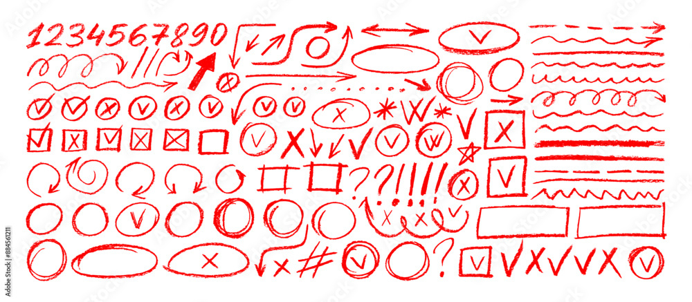 Various red crayon drawn elements for hand drawn notes, diagrams and journal. Underline and emphasis pencil elements, check marks, numbers and arrows. Vector charcoal punctuation marks.