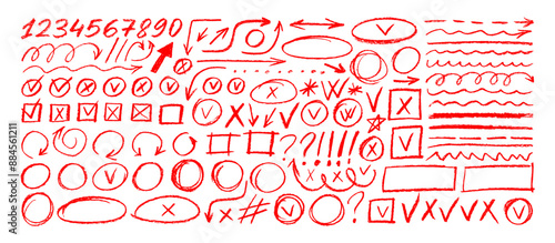 Various red crayon drawn elements for hand drawn notes, diagrams and journal. Underline and emphasis pencil elements, check marks, numbers and arrows. Vector charcoal punctuation marks.