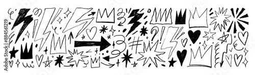Charcoal graffiti doodle punk shapes collection. Crayon drawn lightnings, crowns, heart, star and squiggles. Hand drawn abstract vector scribbles and squiggles, punk icons and doodle grange elements.
