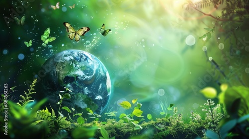 green background with planet earth, plants and butterflies