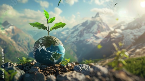 Fototapeta Naklejka Na Ścianę i Meble -  green background with planet earth, plants and butterflies