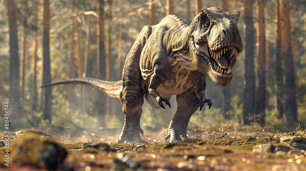 Naklejka premium A dinosaur stands in a serene forest setting, bathed in vibrant light. The scene depicts the tranquil yet majestic presence of this ancient creature in its natural habitat.