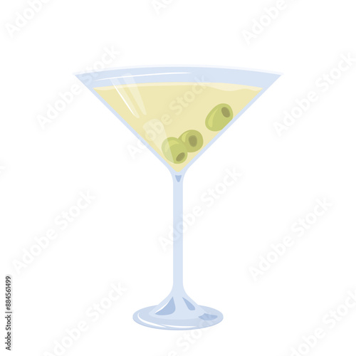 Illustration a martini glass with olives, alcoholic drink. Beach Holidays, summer vacation, party, cafe-bar, recreation concept. Isolated vector Illustration.
