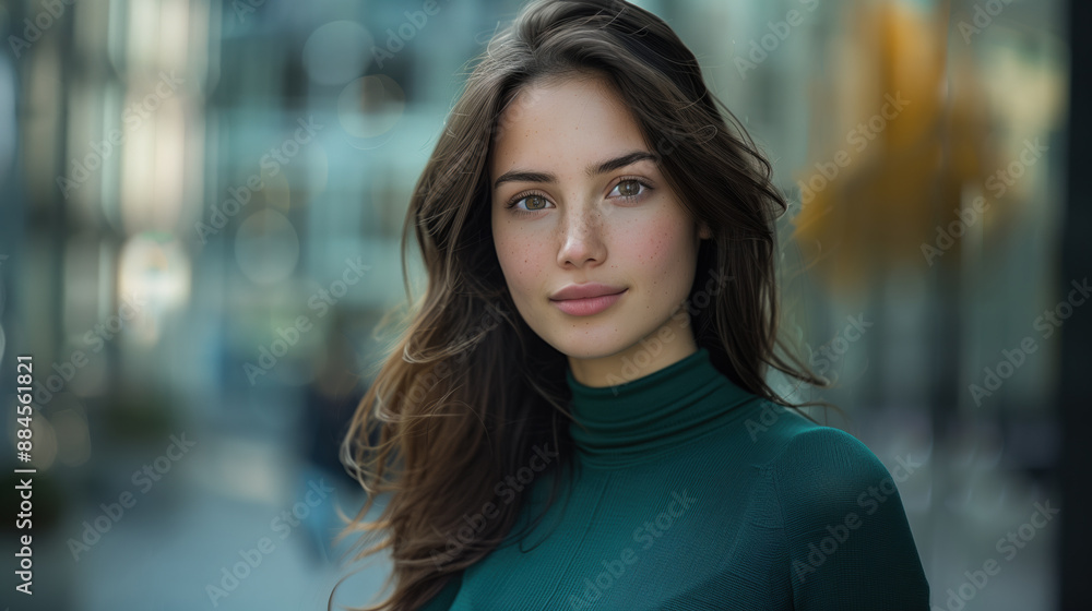 Attractive Woman in Her Twenties with Dark Brown Hair, Wearing Elegant Green Sweater, Standing in Front of Cityscape Background Attractive Woman in Her Twenties with Dark Brown Hair, Wearing Elegant Green Sweater, Standing in Front of Cityscape Background