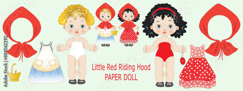 Double illustration of little red riding hood paper doll with doll and different clothes