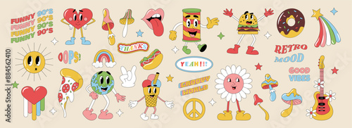Groovy peace sticker. Cartoon icon, retro flower, hand and different food, positive vibe, love symbol 1970, 70s comic characters, Earth funky, trippy smile hamburger, summer element. Vector garish set