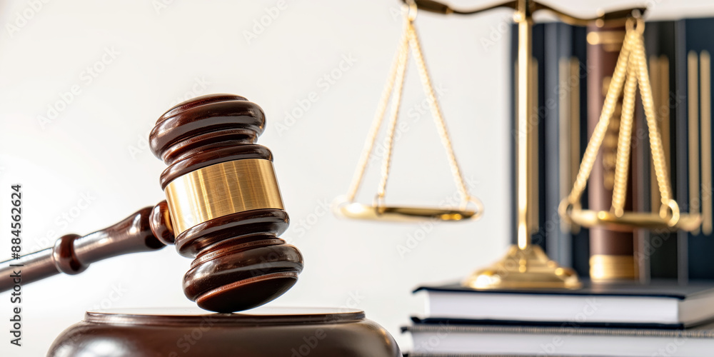 A close-up of a judge's gavel striking a sounding block, with law books and a balance scale against white background. A close-up of a judge's gavel striking a sounding block, with law books and a balance scale against white background.