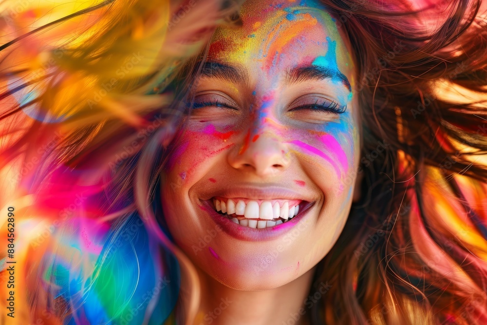 Joyful woman with vibrant holi colors on her face, celebrating with a bright, infectious smile Joyful woman with vibrant holi colors on her face, celebrating with a bright, infectious smile