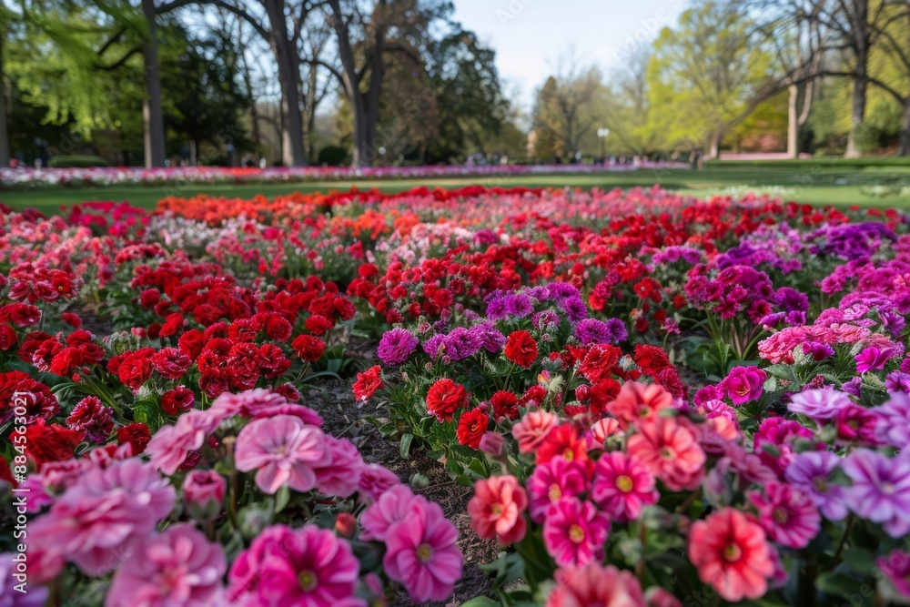 Expansive flower field with vibrant pink and red blooms under clear blue sky on a sunny day Expansive flower field with vibrant pink and red blooms under clear blue sky on a sunny day