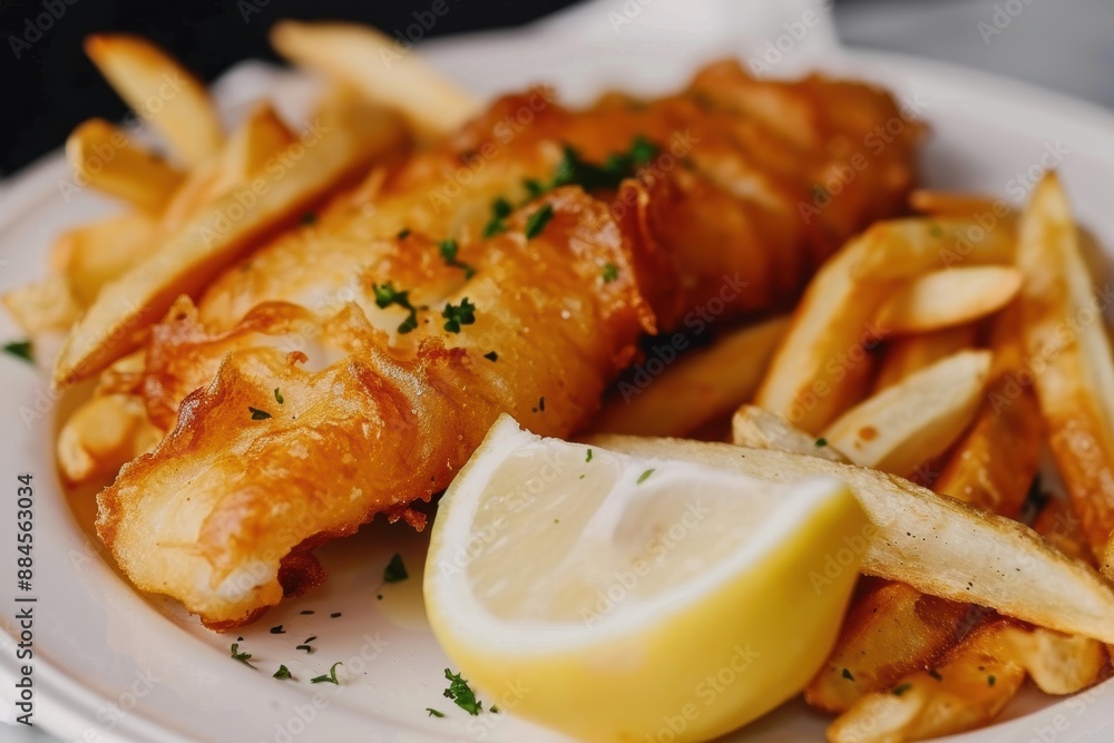 Classic Fish and Chips with Lemon and Tartar Sauce. Generative AI. Classic Fish and Chips with Lemon and Tartar Sauce. Generative AI.