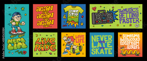 Cool skateboard poster. Slogan girl shirt, skate boy. Sticker cartoon style collection, print cute, play game tee. Doodle sport happy characters, sunglasses, skater patches. Vector badge retro graphic