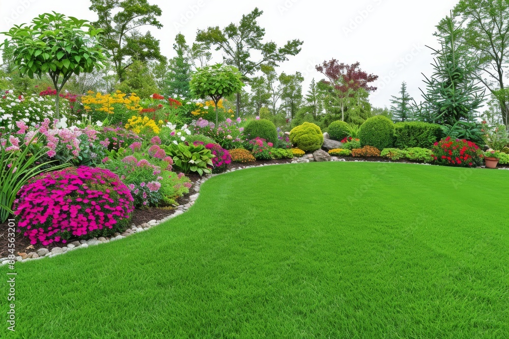 Manicured garden lawn with colorful flower beds bushes and tall trees in a serene setting Manicured garden lawn with colorful flower beds bushes and tall trees in a serene setting