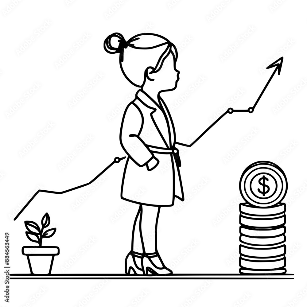 a lady in a business suit stands by a growth graph 
 dollar profit, single line vector drawing