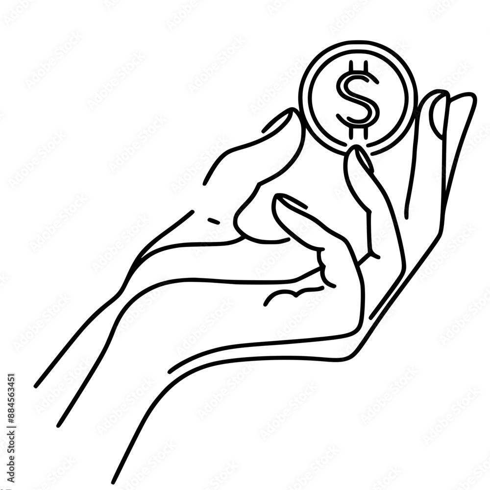Hand holding a coin with dollar currency symbol, single line vector drawing Hand holding a coin with dollar currency symbol, single line vector drawing