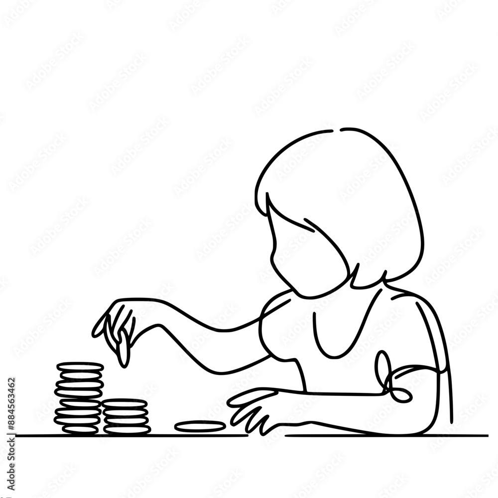 girl playing with coins at the table, one line vector drawing girl playing with coins at the table, one line vector drawing