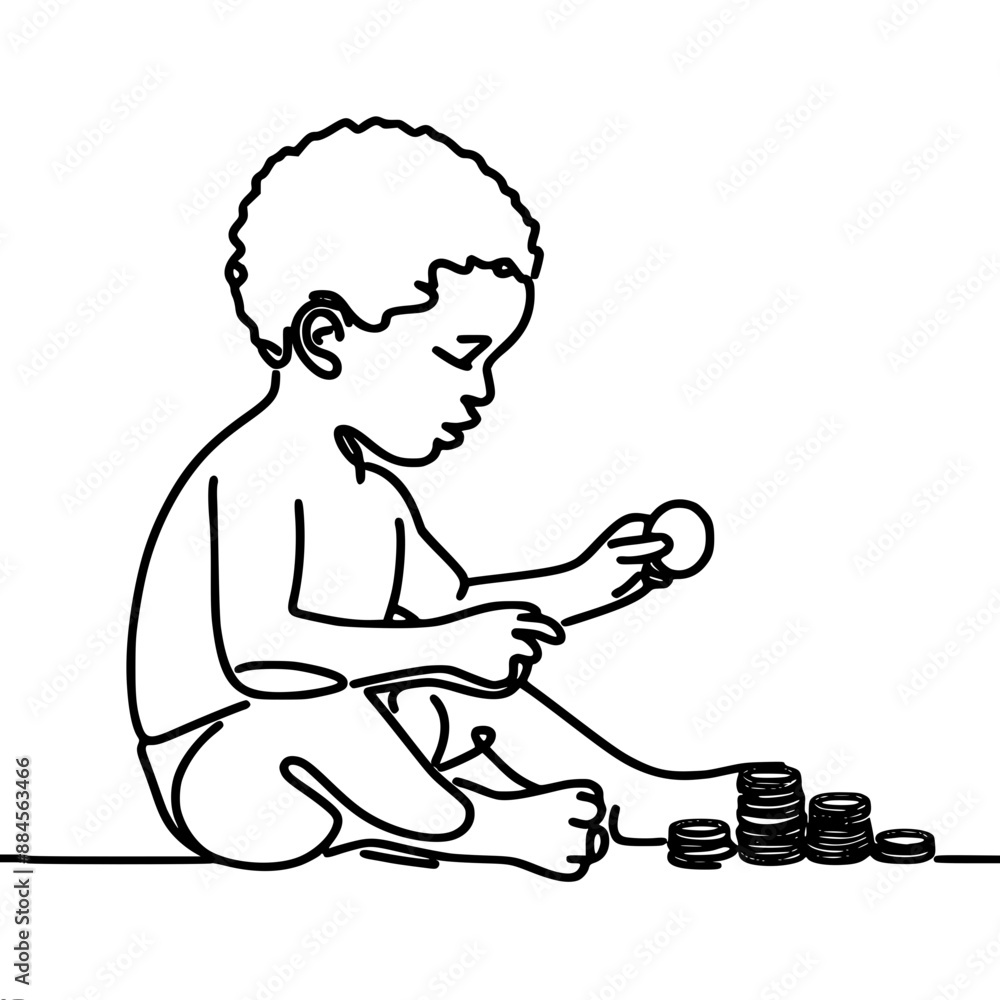 little african american boy sitting and playing with stacks of coins on the floor, one line vector drawing little african american boy sitting and playing with stacks of coins on the floor, one line vector drawing