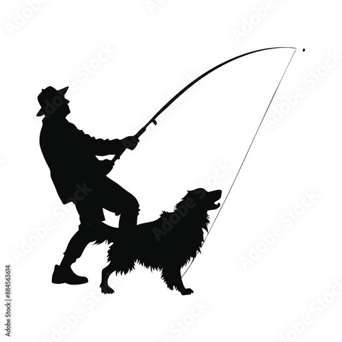 a man fishing with his dog, sport silhouette vector illustration 