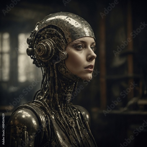 In the dimly lit workshop, a seductively mysterious droid mechanic captivates with her alabaster skin gleaming against the metallic backdrop. Her piercing gaze penetrates through the haze of steam and photo