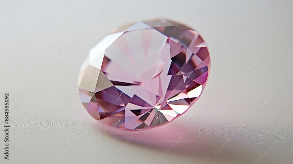 Close-up photo of a Cubic Zirconia gemstone. It has a pink color and is cut in a round shape with many facets. It sits on a white surface and is viewed directly from the top. Close-up photo of a Cubic Zirconia gemstone. It has a pink color and is cut in a round shape with many facets. It sits on a white surface and is viewed directly from the top.
