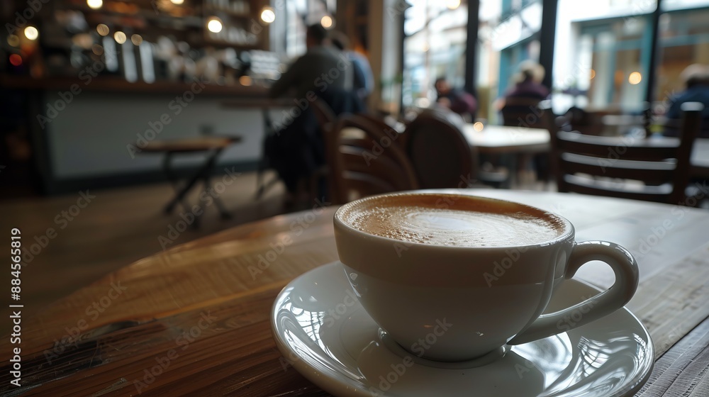 A modern cafe scene featuring a cup of coffee on a wooden table, bright natural light streaming through large windows, and a few patrons enjoying their drinks. A modern cafe scene featuring a cup of coffee on a wooden table, bright natural light streaming through large windows, and a few patrons enjoying their drinks.